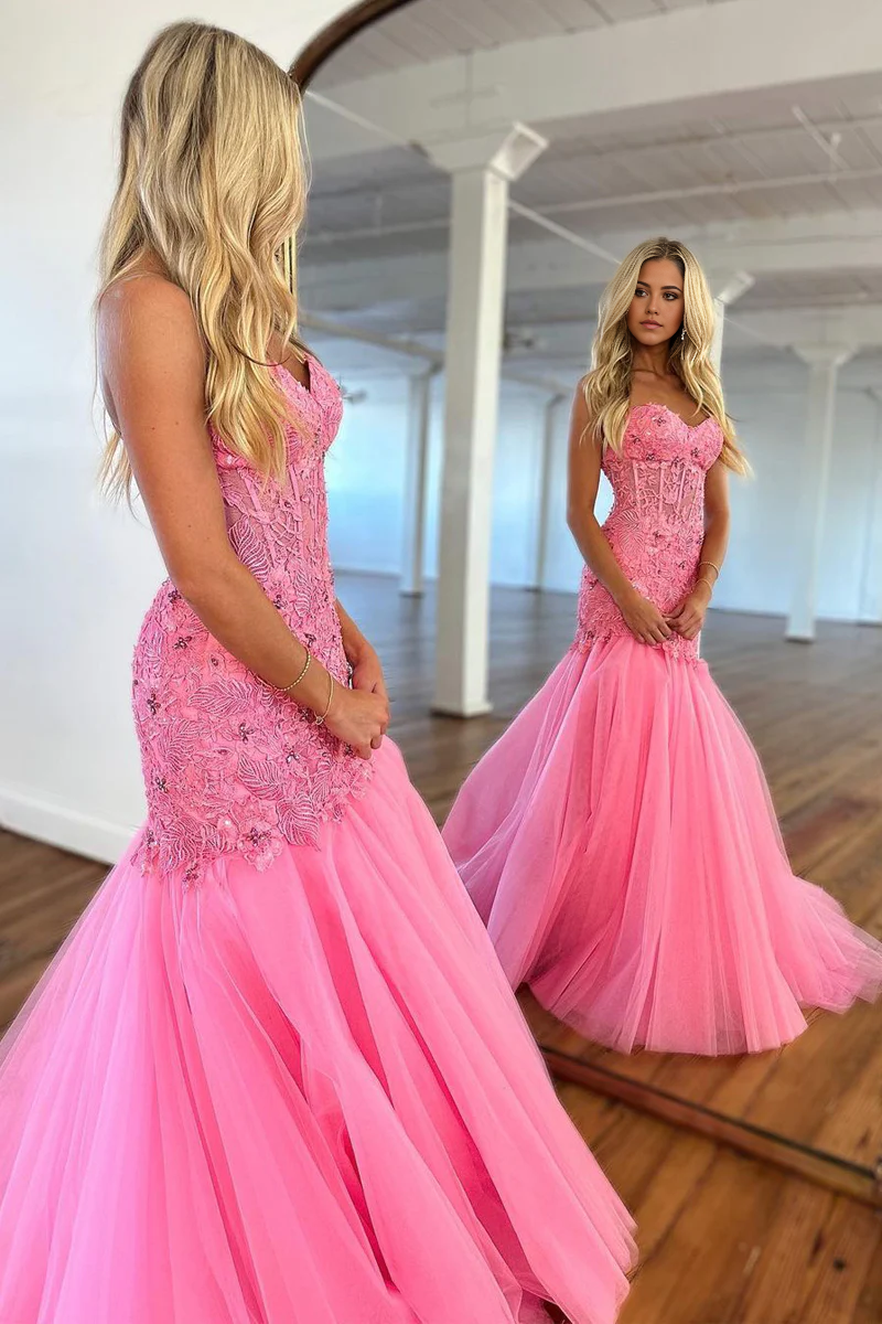 Mermaid Cute Strapless Pink Tulle Prom Dress with Appliques
